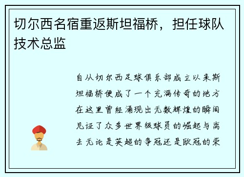 切尔西名宿重返斯坦福桥，担任球队技术总监