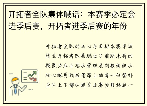 开拓者全队集体喊话：本赛季必定会进季后赛，开拓者进季后赛的年份