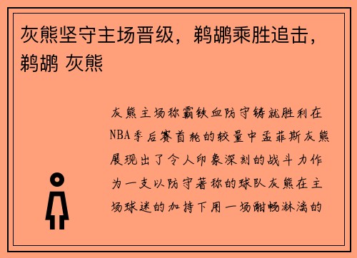灰熊坚守主场晋级，鹈鹕乘胜追击，鹈鹕 灰熊