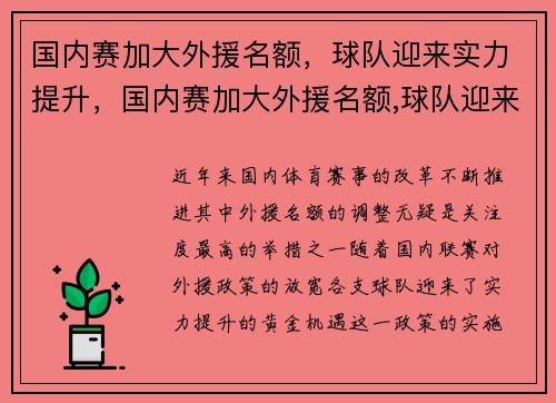 国内赛加大外援名额，球队迎来实力提升，国内赛加大外援名额,球队迎来实力提升了吗