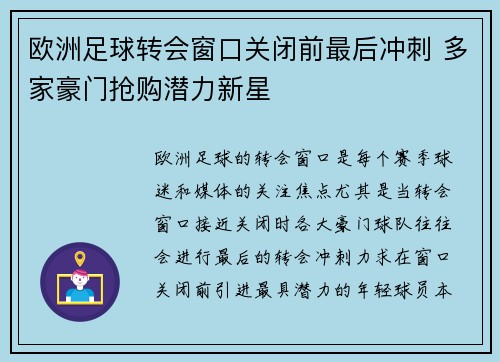 欧洲足球转会窗口关闭前最后冲刺 多家豪门抢购潜力新星