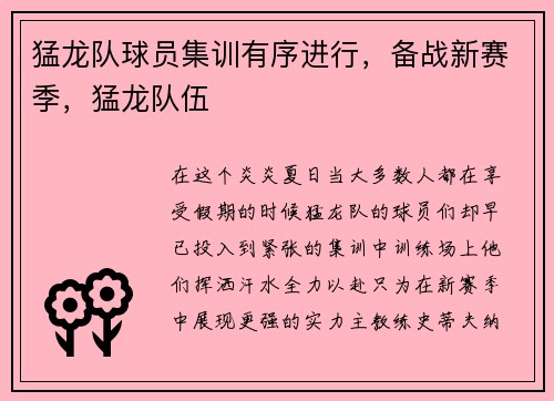 猛龙队球员集训有序进行，备战新赛季，猛龙队伍