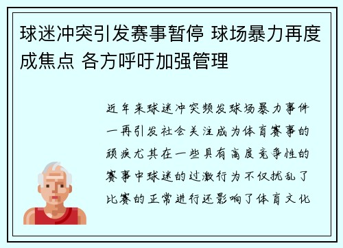 球迷冲突引发赛事暂停 球场暴力再度成焦点 各方呼吁加强管理