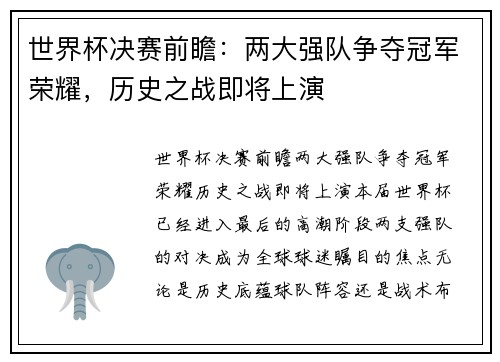 世界杯决赛前瞻：两大强队争夺冠军荣耀，历史之战即将上演