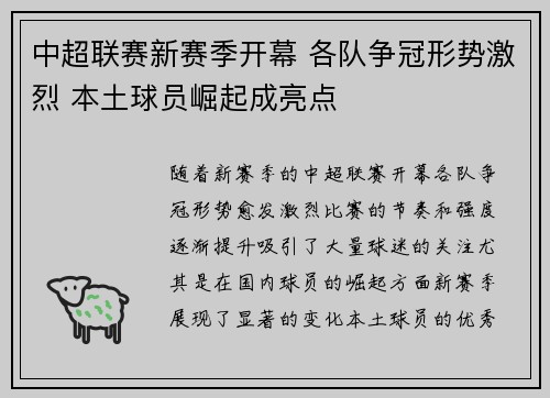 中超联赛新赛季开幕 各队争冠形势激烈 本土球员崛起成亮点
