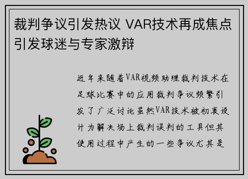 裁判争议引发热议 VAR技术再成焦点引发球迷与专家激辩