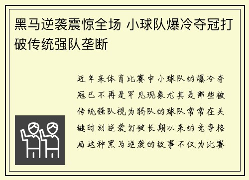 黑马逆袭震惊全场 小球队爆冷夺冠打破传统强队垄断